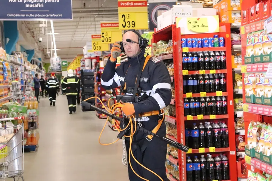 PLAN ROȘU de intervenție în spermarketul Carrefour Botoșani. Persoane evacuate, incendiu, explozie și un accident cu victime FOTO&amp;VIDEO