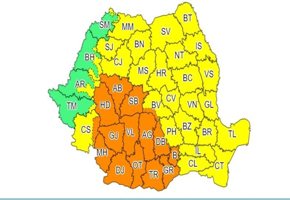 Actualizări de la ANM - Cod portocaliu și cod galben de instabilitate atmosferică temporar accentuată, vijelii puternice, ploi abundente