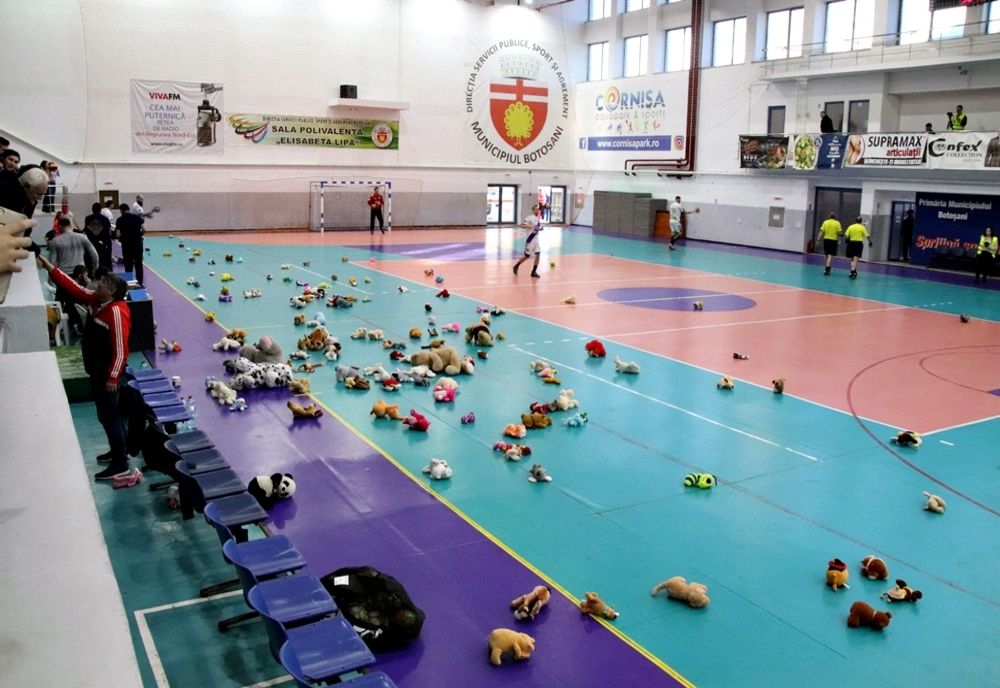 Sute de plușuri aruncate pe teren în pauza meciului CSM Botoșani – Poli Timișoara