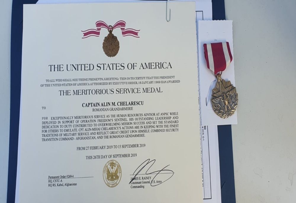 Un jandarm botoșănean a fost premiat de U.S. Army