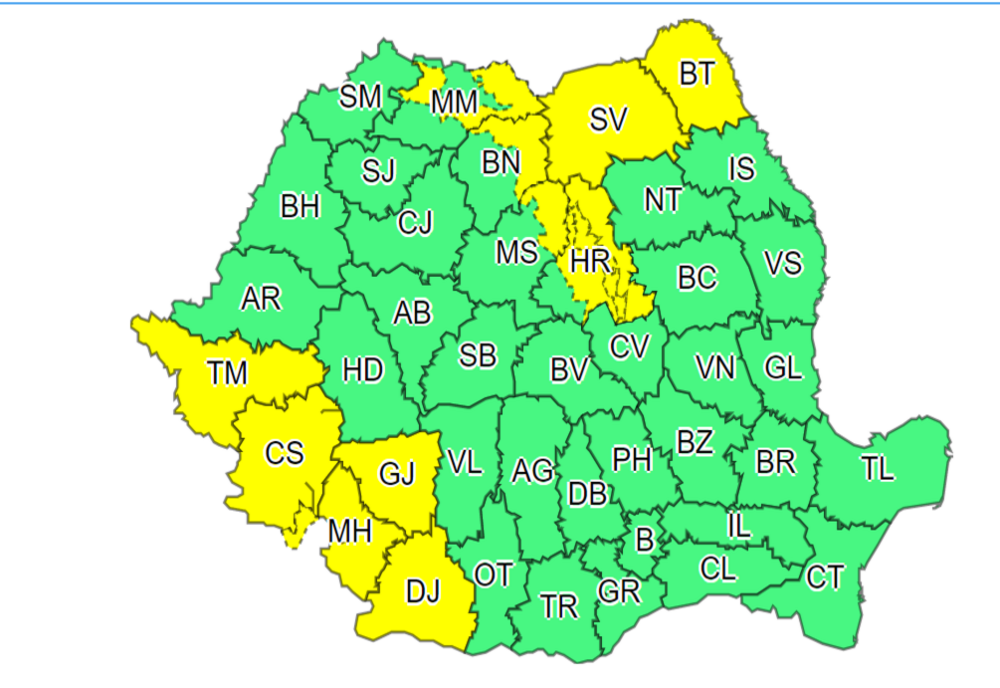 COD GALBEN de instabilitate atmosferică, pentru 11 județe din țară