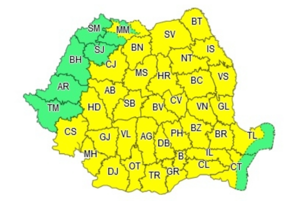 COD GALBEN de ploi torențiale și vijelii. Zonele lovite puternic de furtuni cu grindină